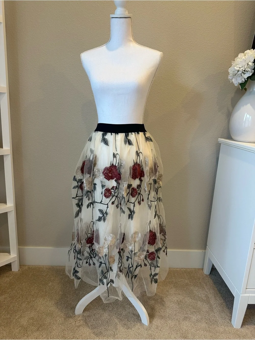 Chicwish Ivory Tulle Midi Skirt with Black Waistband and Red Floral Embroidery - Picture 1 of 3